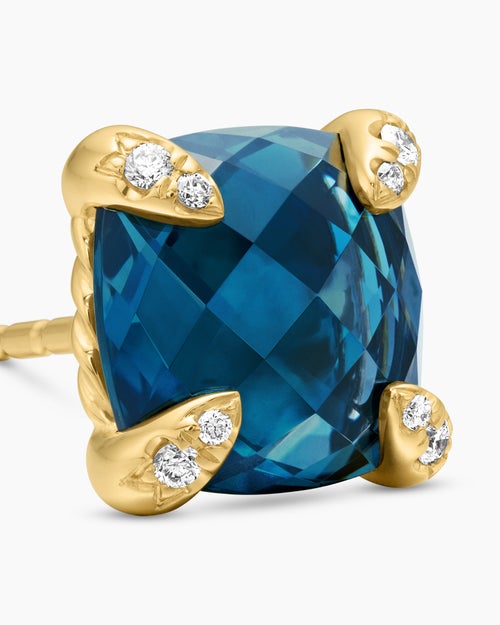 Womens Chatelaine® Stud Earrings in 18K Yellow Gold with Hampton Blue Topaz and Diamonds, 8mm