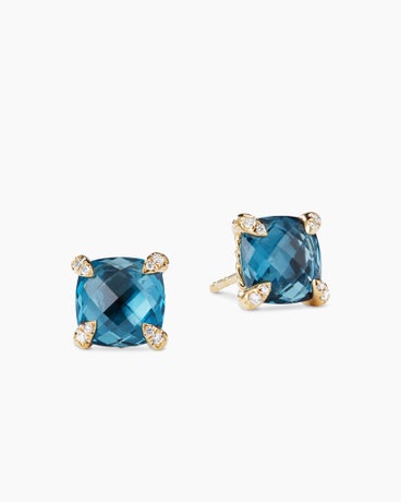 Chatelaine® Stud Earrings in 18K Yellow Gold with Hampton Blue Topaz and Diamonds, 8mm
