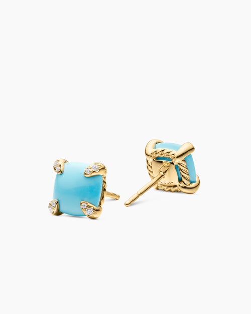 Womens Chatelaine® Stud Earrings in 18K Yellow Gold with Turquoise and Diamonds, 8mm