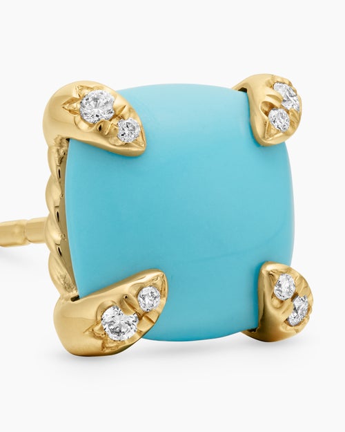 Womens Chatelaine® Stud Earrings in 18K Yellow Gold with Turquoise and Diamonds, 8mm