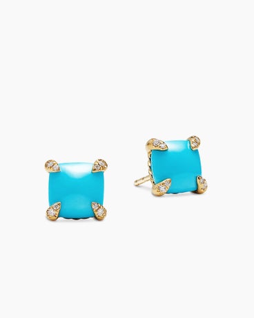 Chatelaine® Stud Earrings in 18K Yellow Gold with Turquoise and Diamonds, 8mm