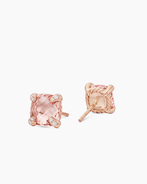 Womens Chatelaine® Stud Earrings in 18K Rose Gold with Morganite and Diamonds, 8mm