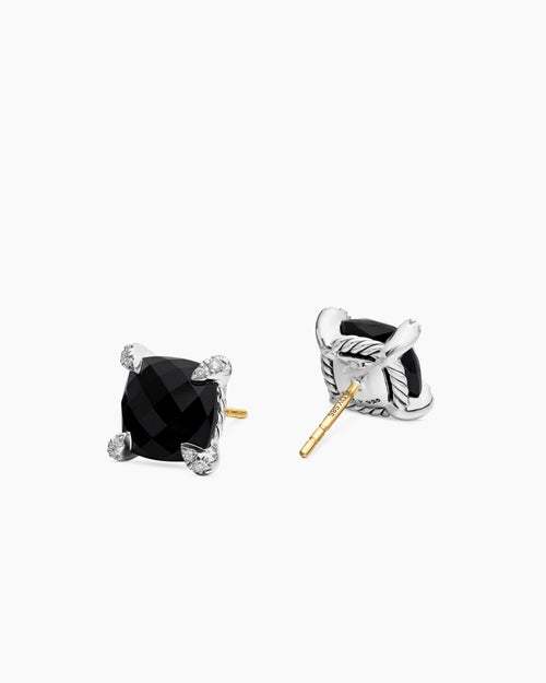 Womens Chatelaine® Stud Earrings in Sterling Silver with Black Onyx and Diamonds, 9mm