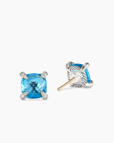 Chatelaine® Stud Earrings in Sterling Silver with Blue Topaz and Diamonds, 9mm