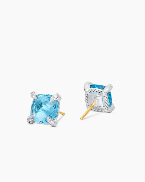 Womens Chatelaine® Stud Earrings in Sterling Silver with Blue Topaz and Diamonds, 9mm
