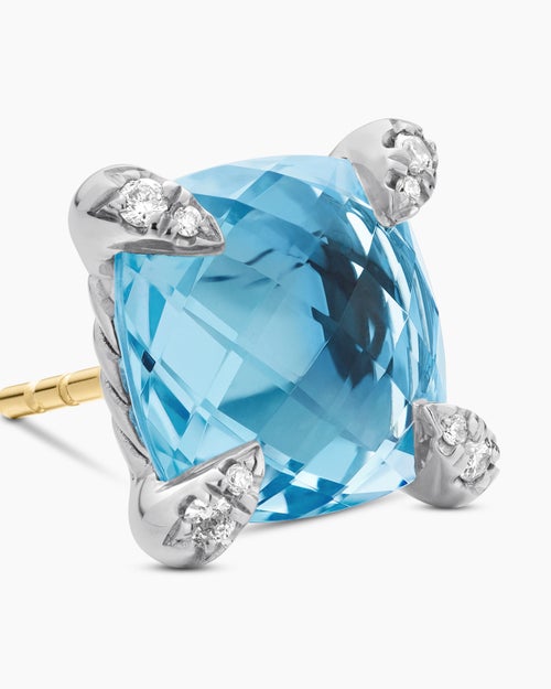 Womens Chatelaine® Stud Earrings in Sterling Silver with Blue Topaz and Diamonds, 9mm