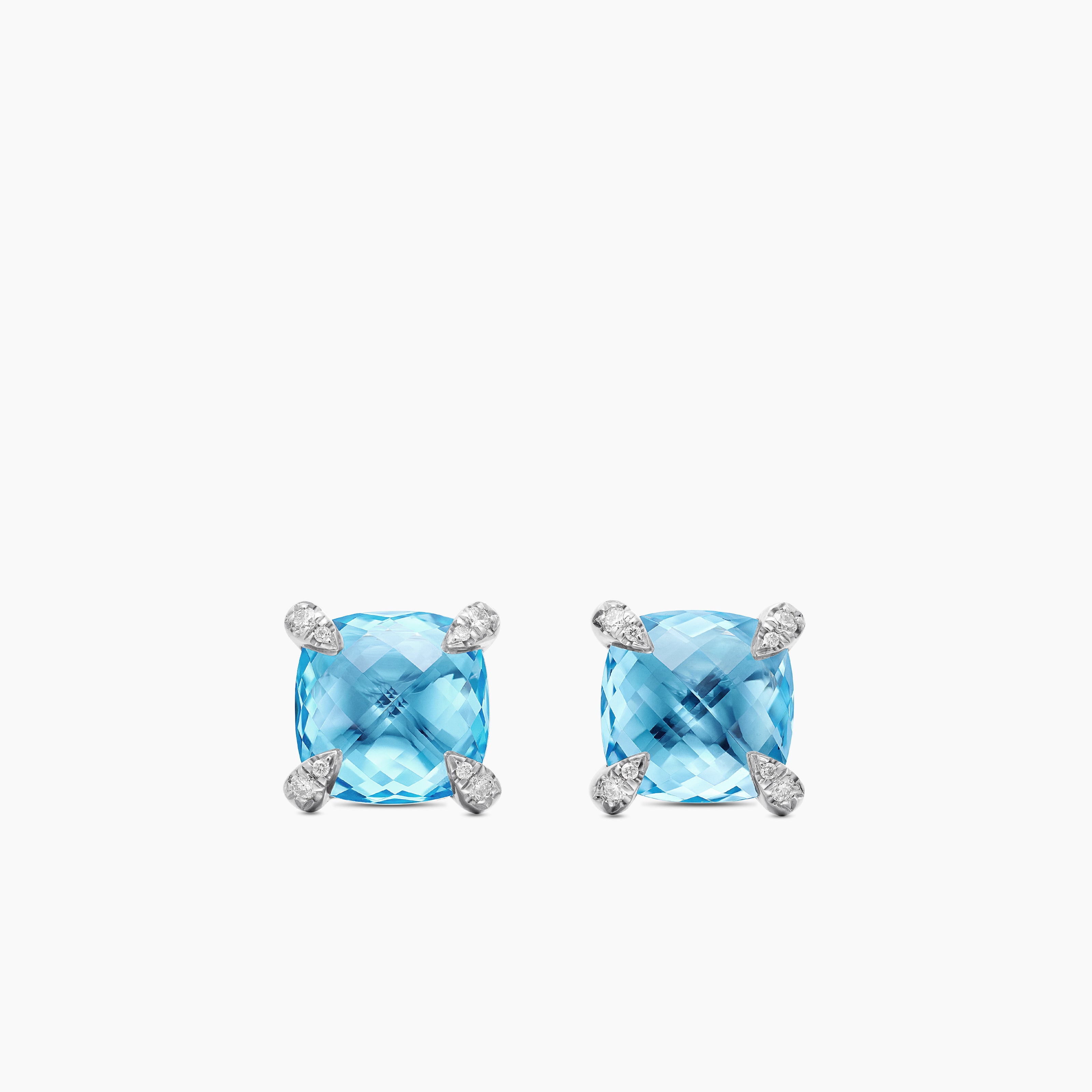 Womens Chatelaine&reg; Stud Earrings in Sterling Silver with Blue Topaz and Diamonds, 9mm