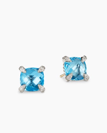 Chatelaine® Stud Earrings in Sterling Silver with Blue Topaz and Diamonds, 9mm