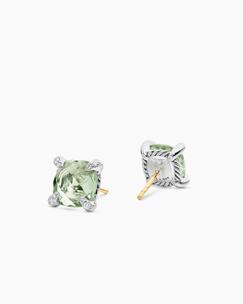 Womens Chatelaine® Stud Earrings in Sterling Silver with Prasiolite and Diamonds, 9mm