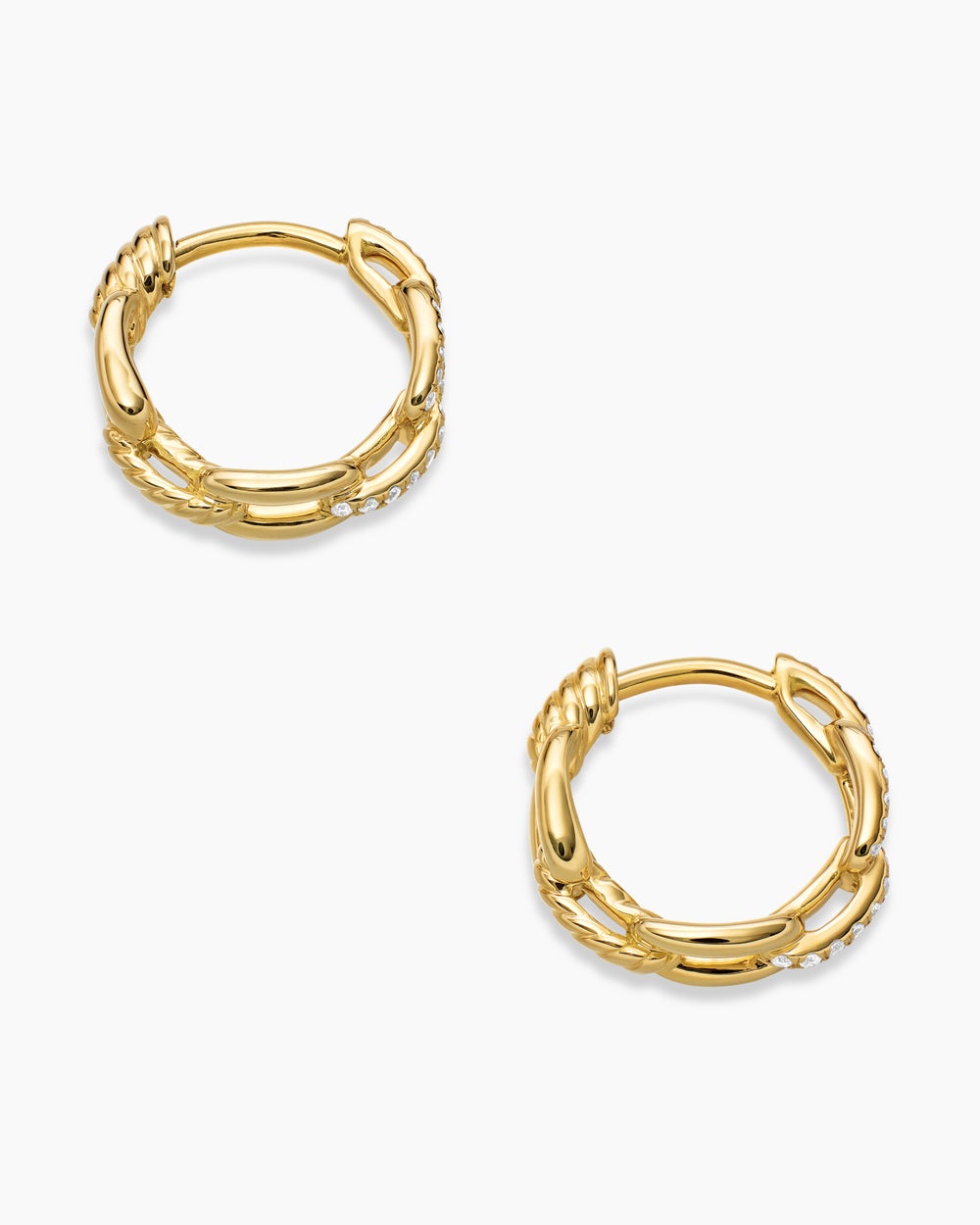 Womens Stax Chain Link Huggie Hoop Earrings in 18K Yellow Gold with Diamonds, 12.5mm