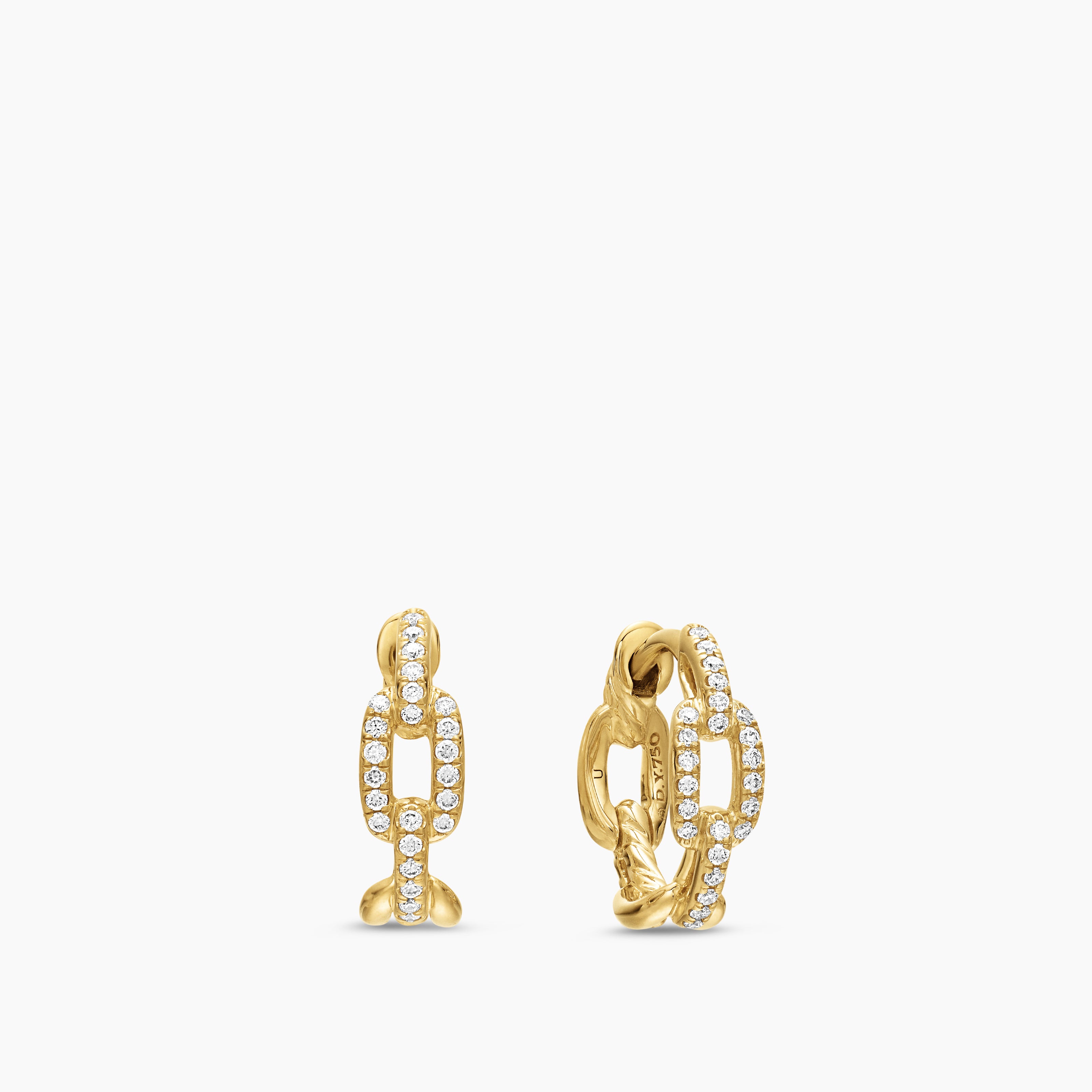 Womens Stax Chain Link Huggie Hoop Earrings in 18K Yellow Gold with Diamonds, 12.5mm