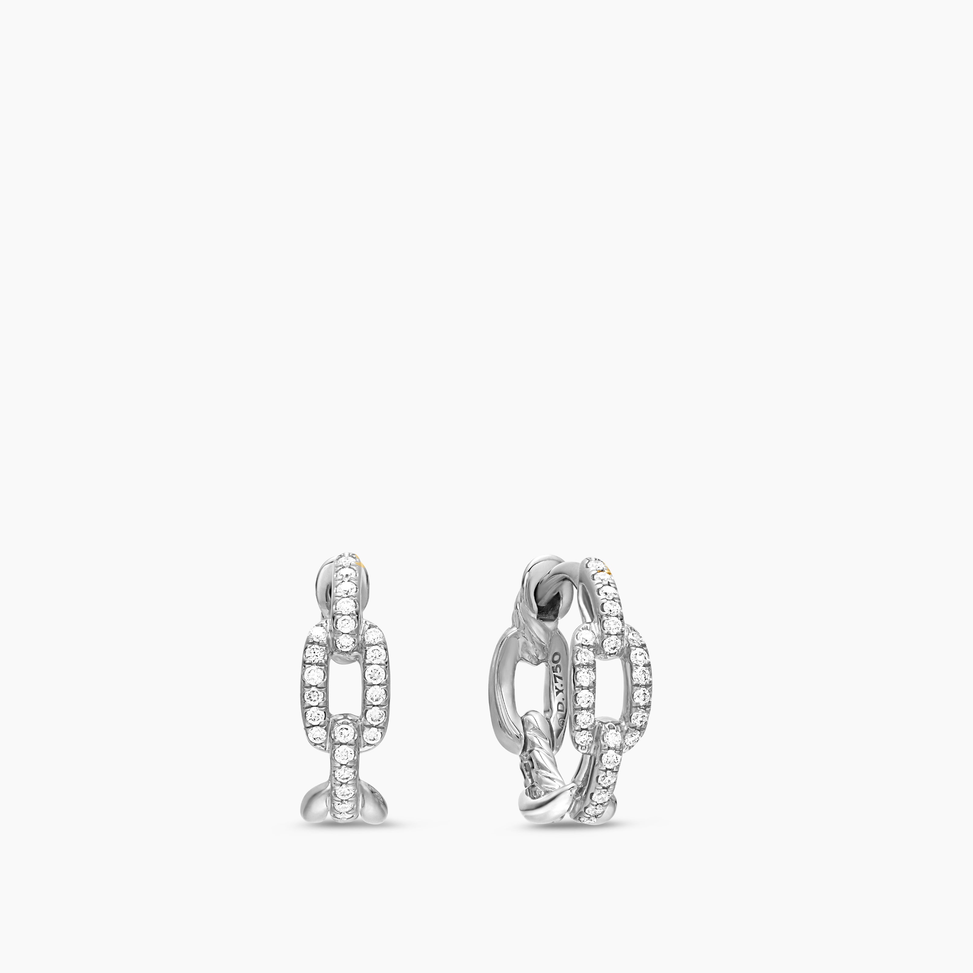 Womens Stax Chain Link Huggie Hoop Earrings in 18K White Gold with Diamonds, 12.5mm