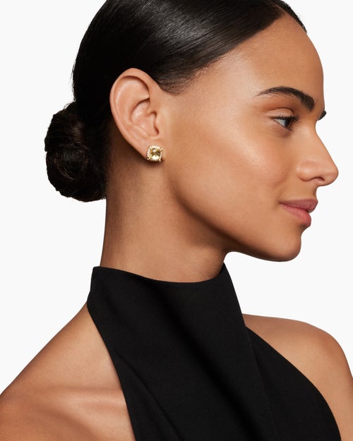 Womens Chatelaine® Pavé Bezel Stud Earrings in 18K Yellow Gold with Champagne Citrine and Diamonds, 8mm