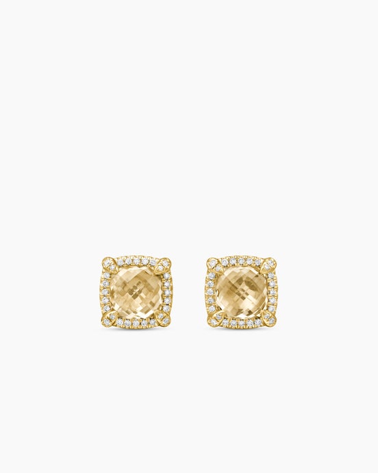 Chatelaine® Pavé Bezel Stud Earrings in 18K Yellow Gold with Champagne Citrine and Diamonds, 8mm