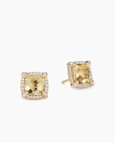 Chatelaine® Pavé Bezel Stud Earrings in 18K Yellow Gold with Champagne Citrine and Diamonds, 8mm