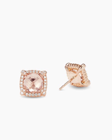 Chatelaine® Pavé Bezel Stud Earrings in 18K Rose Gold with Morganite and Diamonds, 8mm