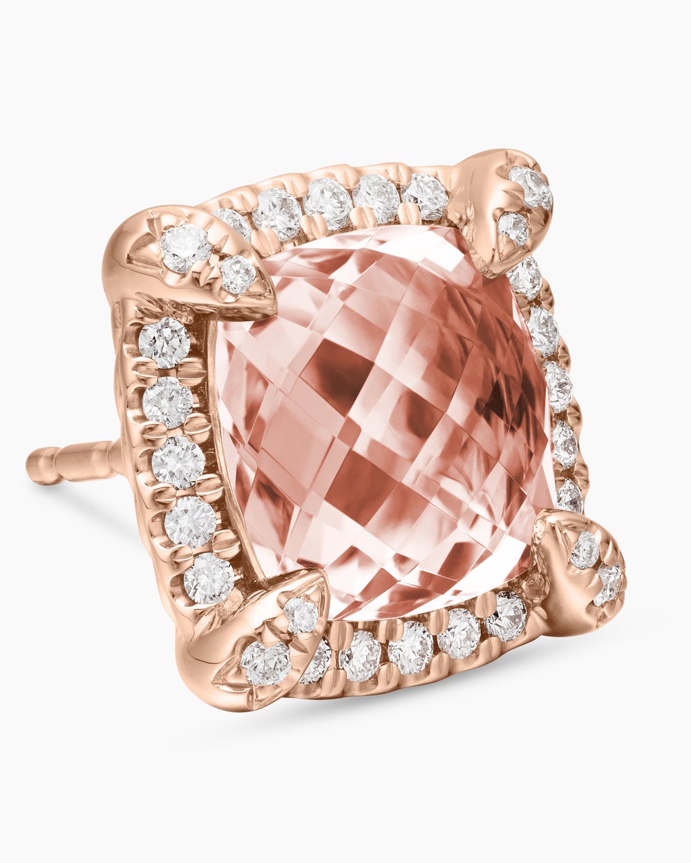 Womens Chatelaine® Pavé Bezel Stud Earrings in 18K Rose Gold with Morganite and Diamonds, 8mm