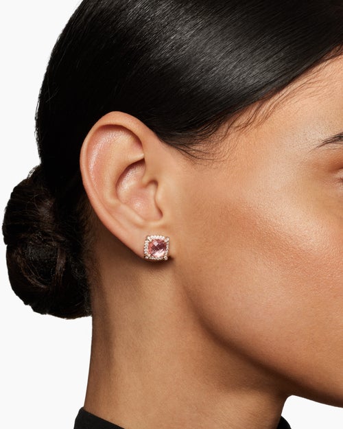 Womens Chatelaine® Pavé Bezel Stud Earrings in 18K Rose Gold with Morganite and Diamonds, 8mm