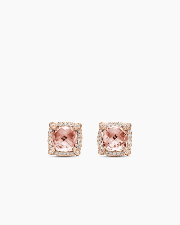 Chatelaine® Pavé Bezel Stud Earrings in 18K Rose Gold with Morganite and Diamonds, 8mm