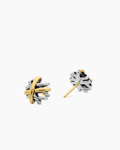 Womens Crossover Stud Earrings in Sterling Silver with 18K Yellow Gold, 11mm