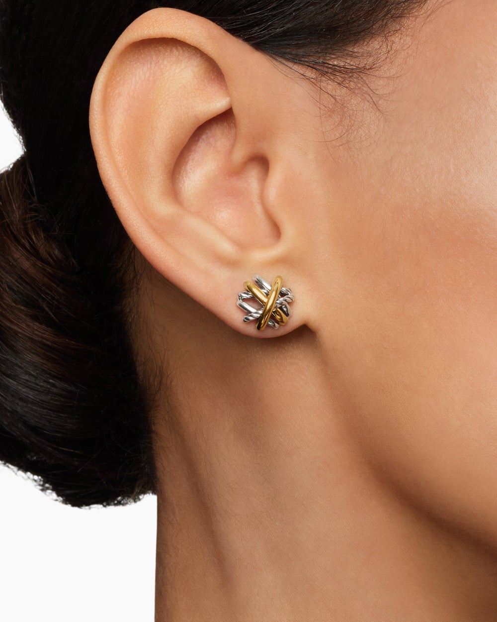 Womens Crossover Stud Earrings in Sterling Silver with 18K Yellow Gold, 11mm