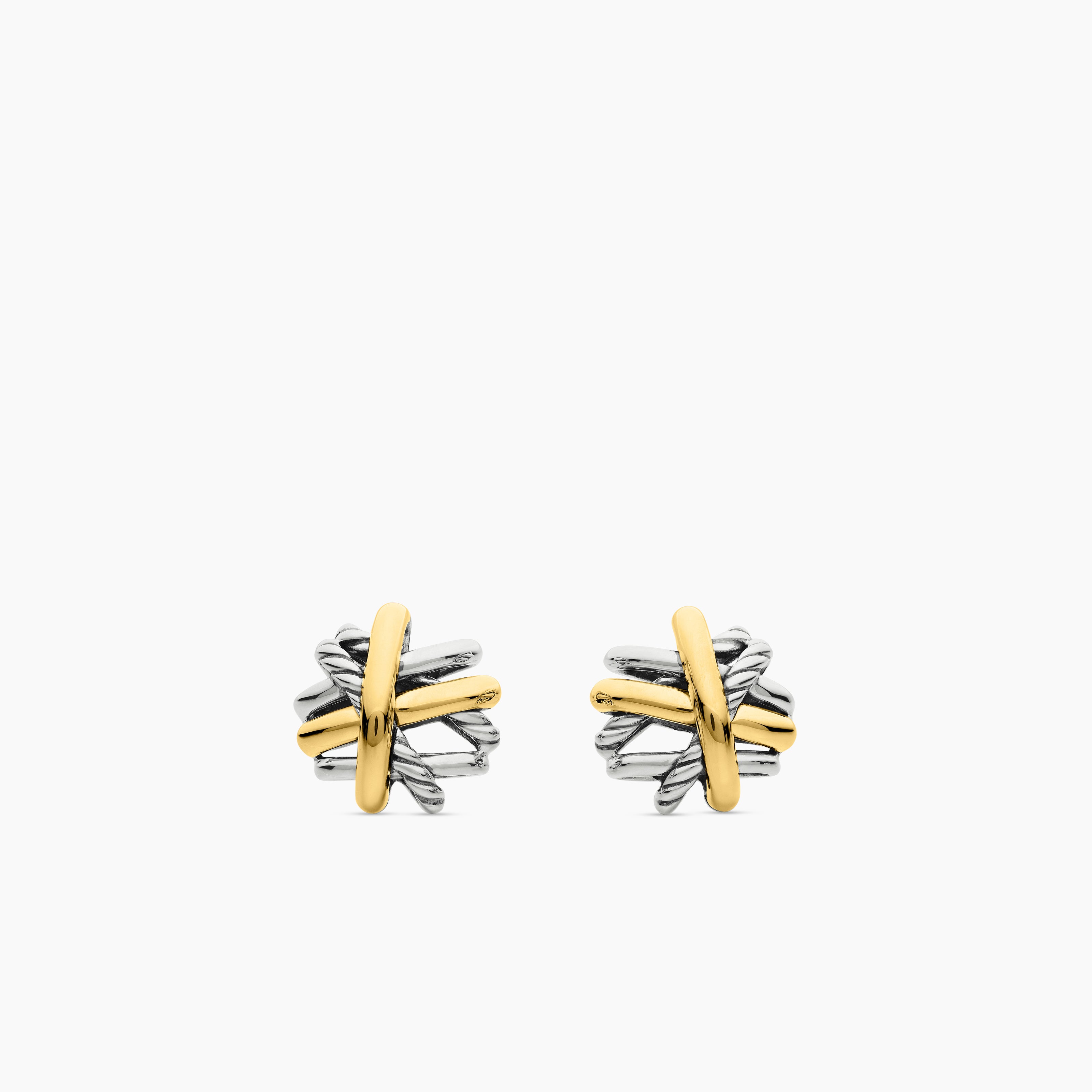 Womens Crossover Stud Earrings in Sterling Silver with 18K Yellow Gold, 11mm