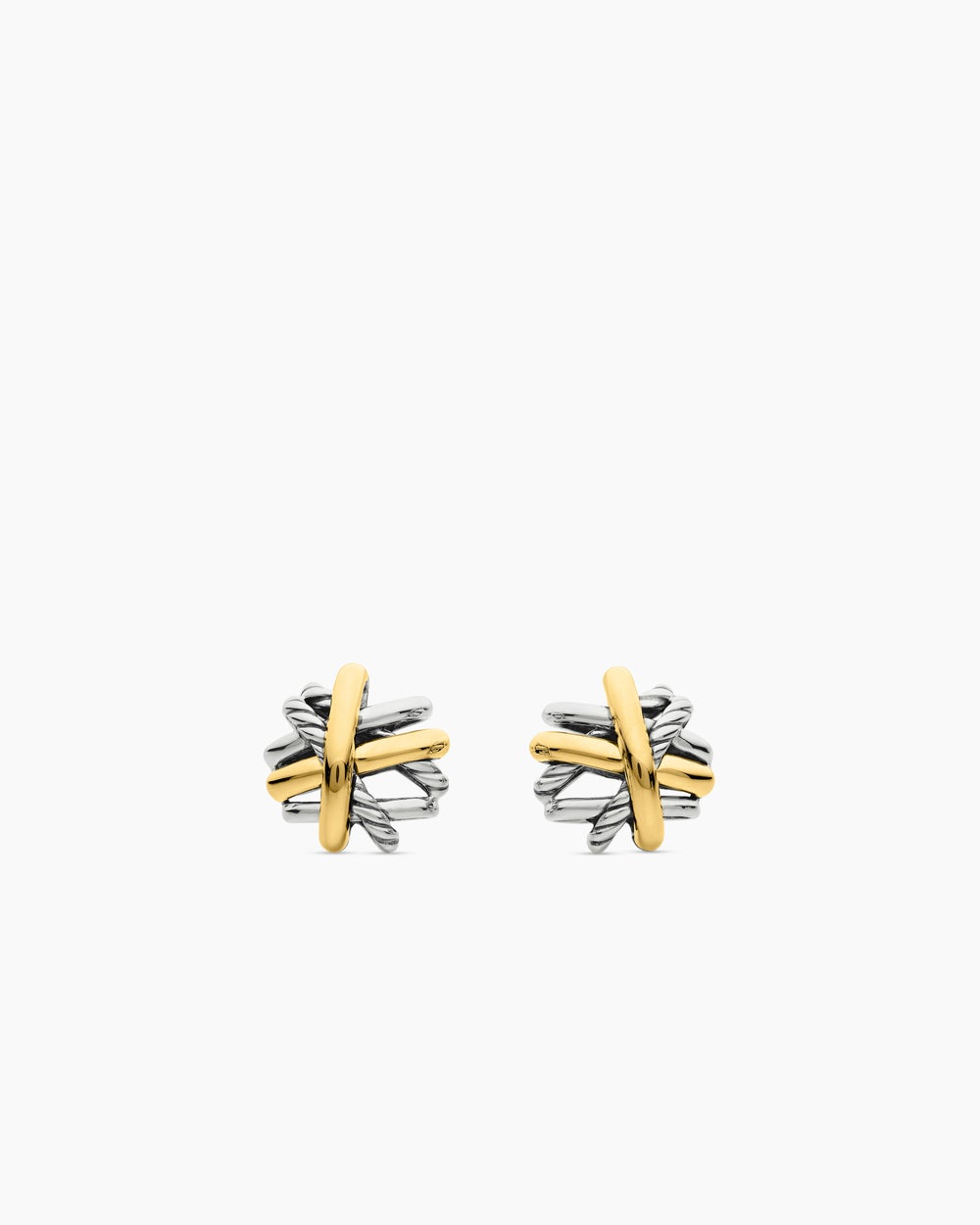 Womens Crossover Stud Earrings in Sterling Silver with 18K Yellow Gold, 11mm