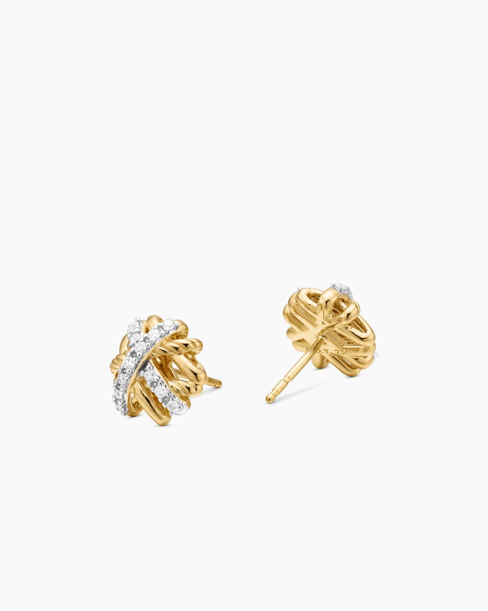 Womens Crossover Stud Earrings in 18K Yellow Gold with Diamonds, 11mm