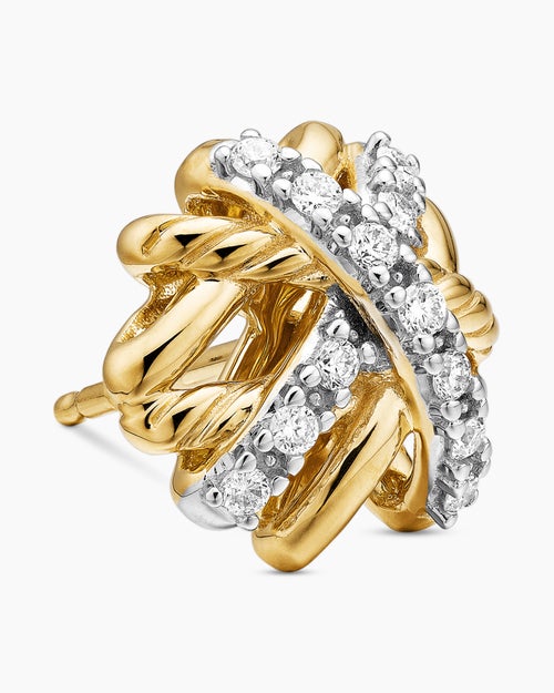 Womens Crossover Stud Earrings in 18K Yellow Gold with Diamonds, 11mm