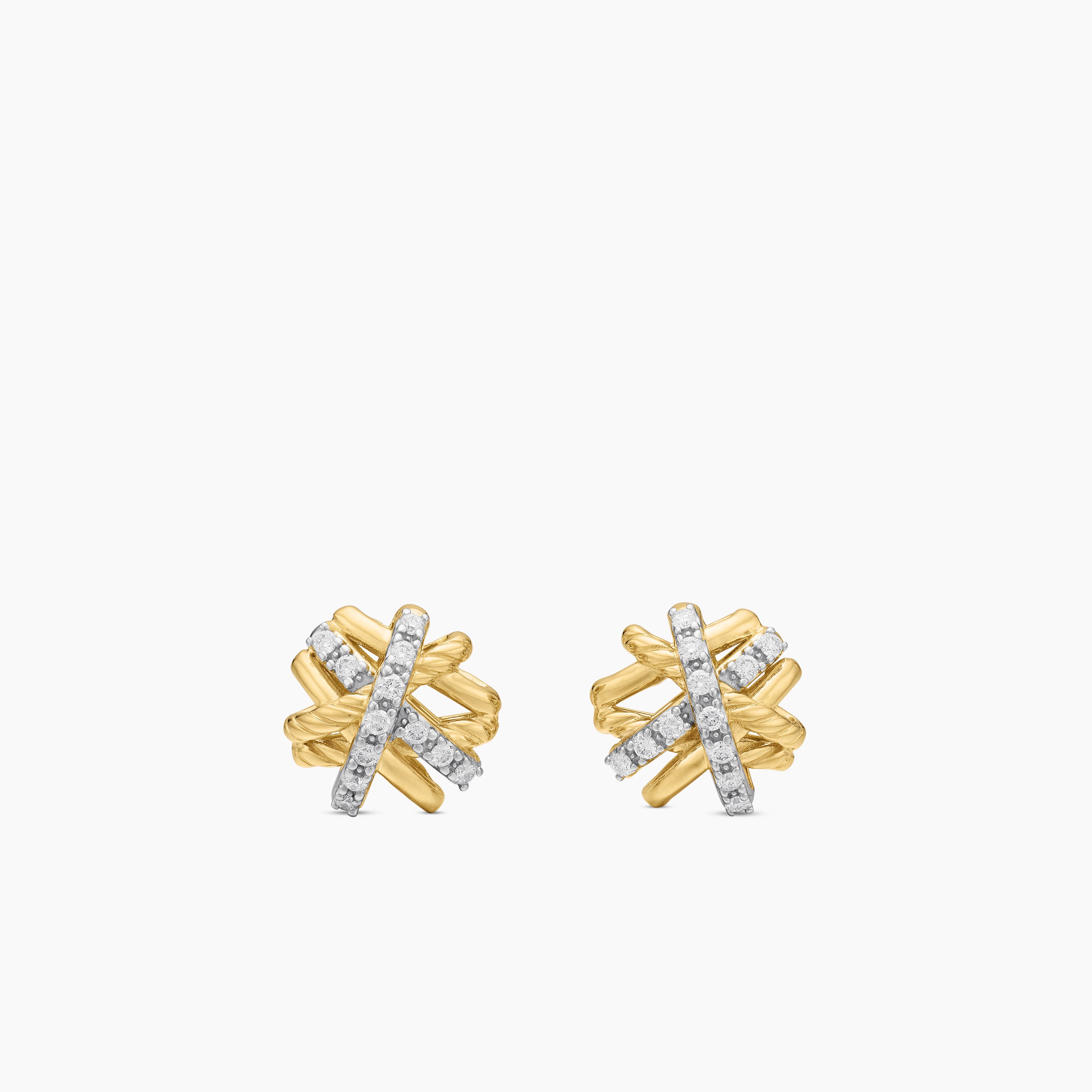 Womens Crossover Stud Earrings in 18K Yellow Gold with Diamonds, 11mm