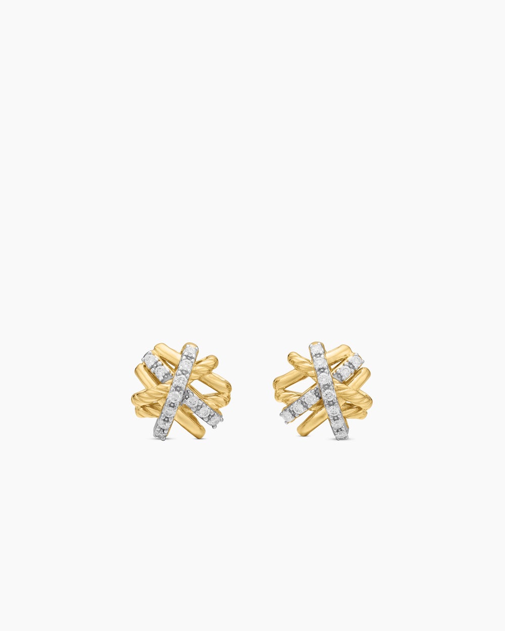 Womens Crossover Stud Earrings in 18K Yellow Gold with Diamonds, 11mm