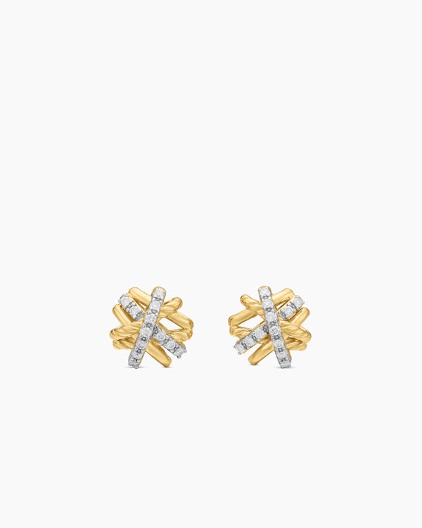 Clous d’oreilles Crossover en or jaune 18 carats avec diamants, 11 mm