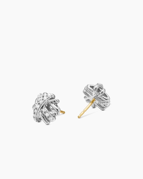 Womens Crossover Stud Earrings in Sterling Silver with Diamonds, 11mm