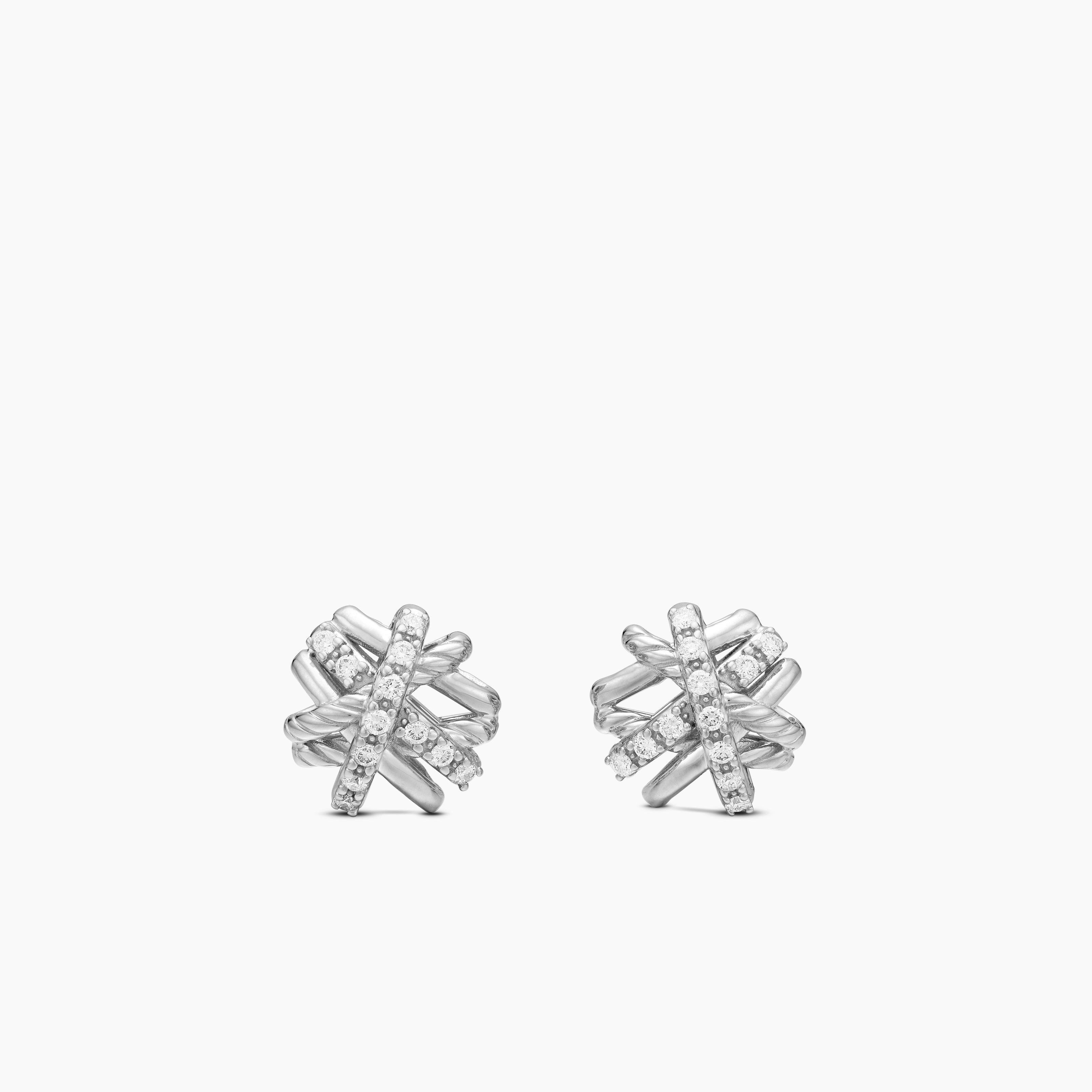 Womens Crossover Stud Earrings in Sterling Silver with Diamonds, 11mm
