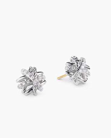 Crossover Stud Earrings in Sterling Silver with Diamonds, 11mm