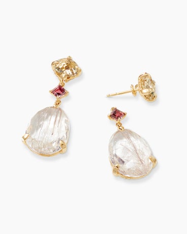 Chatelaine® Drop Earrings in 18K Yellow Gold with Rutilated Quartz, Champagne Citrine and Pink Tourmaline, 38mm