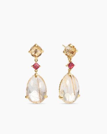 Chatelaine® Drop Earrings in 18K Yellow Gold with Rutilated Quartz, Champagne Citrine and Pink Tourmaline, 38mm