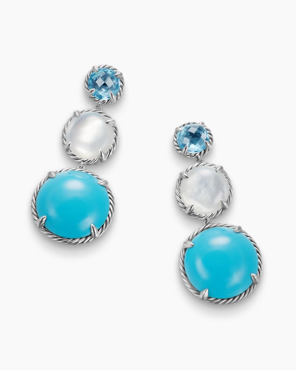 Chatelaine® Round Drop Earrings in Sterling Silver with Turquoise, Milky Rose Quartz and Blue Topaz, 47mm