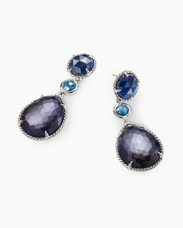 Chatelaine® Teardrop Earrings in Sterling Silver with Black Orchid, Indian Blue Sapphire and Blue Topaz, 50mm