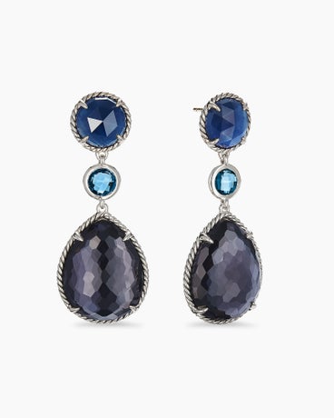Chatelaine® Teardrop Earrings in Sterling Silver with Black Orchid, Indian Blue Sapphire and Blue Topaz, 50mm