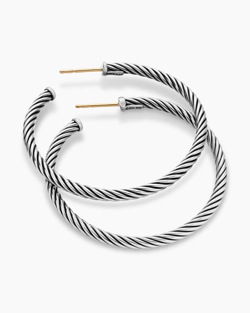 Womens Cable Hoop Earrings in Sterling Silver, 1.5in