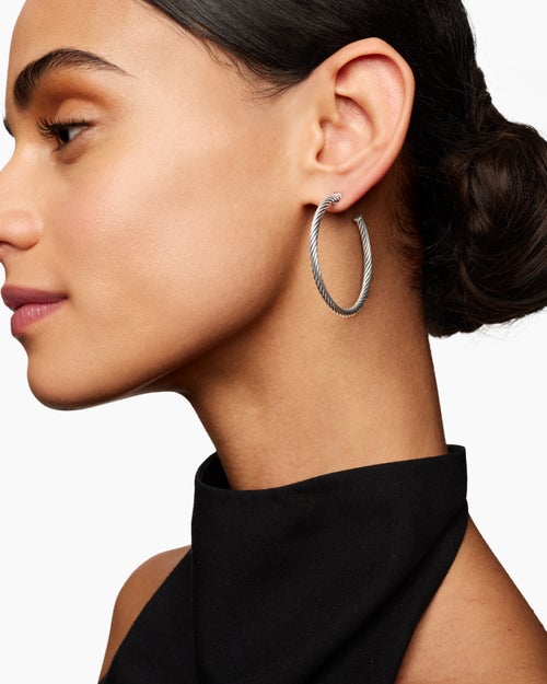Womens Cable Hoop Earrings in Sterling Silver, 1.5in