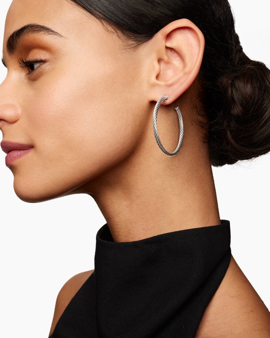 Cable Hoop Earrings in Sterling Silver, 1.5in