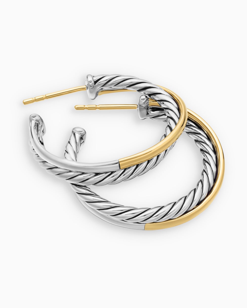 Womens Crossover Hoop Earrings in Sterling Silver with 18ct Yellow Gold, 26.5mm