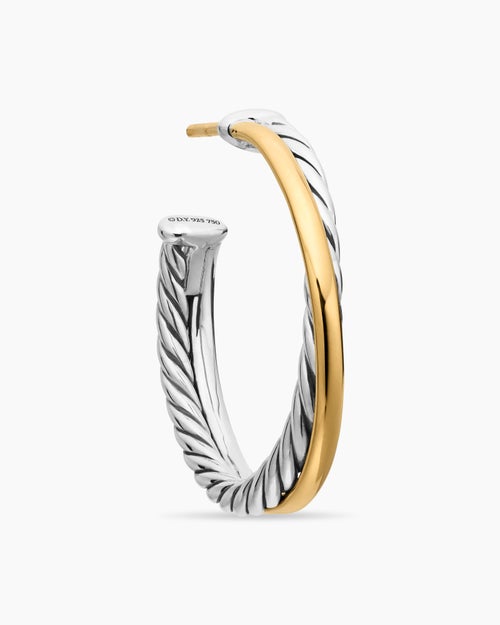 Womens Crossover Hoop Earrings in Sterling Silver with 18ct Yellow Gold, 26.5mm