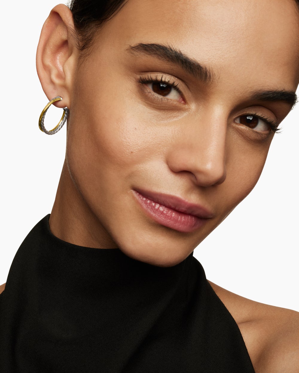 Womens Crossover Hoop Earrings in Sterling Silver with 18ct Yellow Gold, 26.5mm