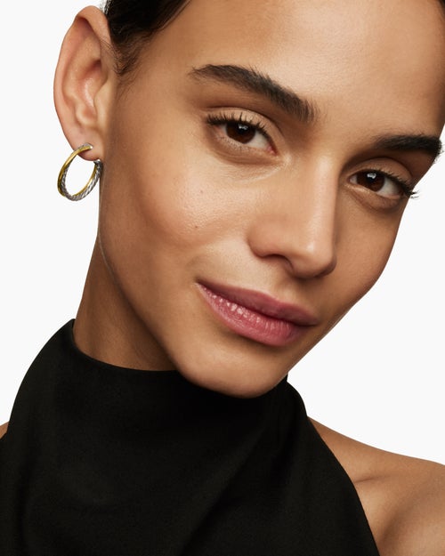 Womens Crossover Hoop Earrings in Sterling Silver with 18K Yellow Gold, 26.5mm