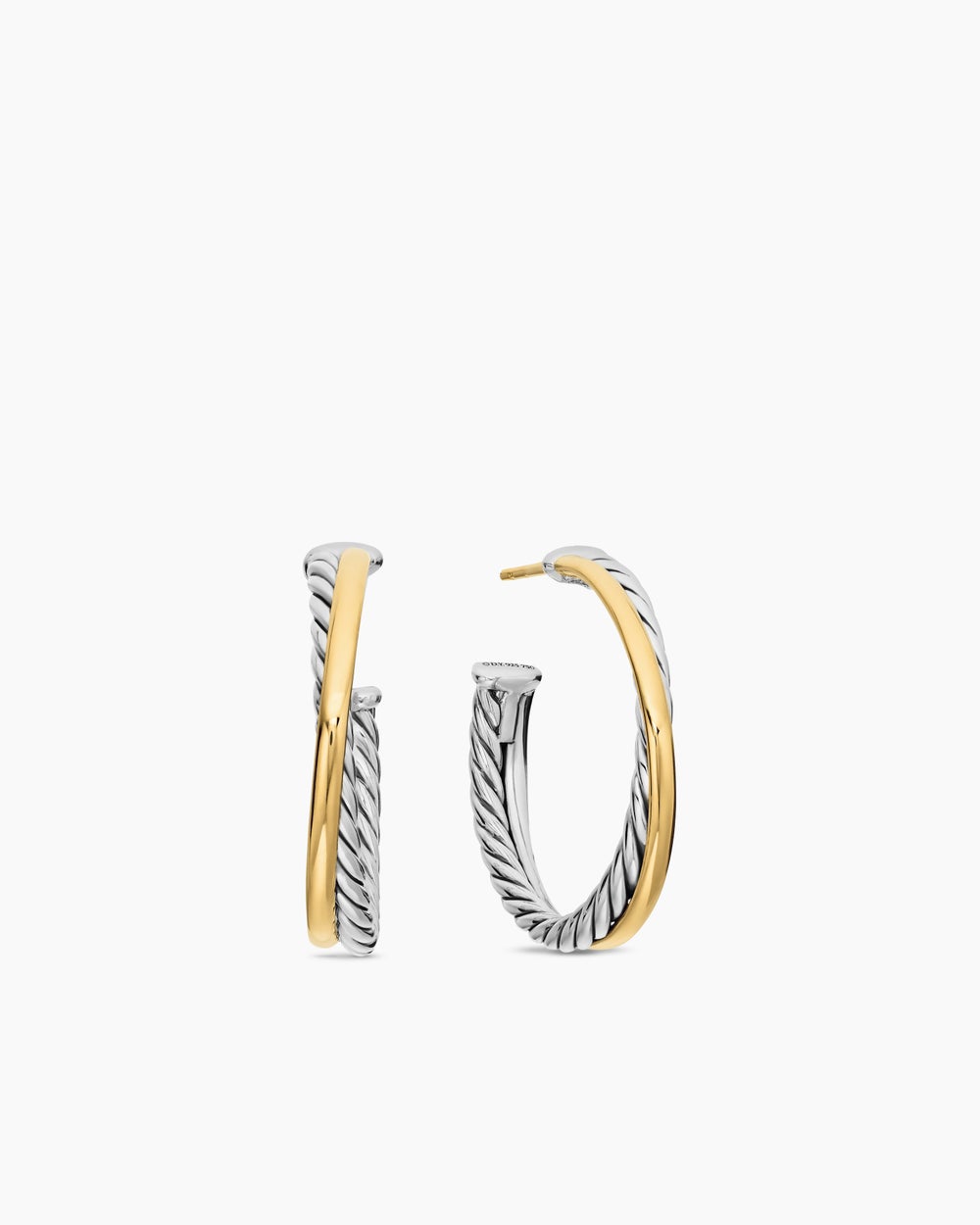 Womens Crossover Hoop Earrings in Sterling Silver with 18ct Yellow Gold, 26.5mm