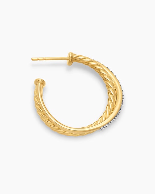 Womens Crossover Hoop Earrings in 18K Yellow Gold with Diamonds, 26.5mm