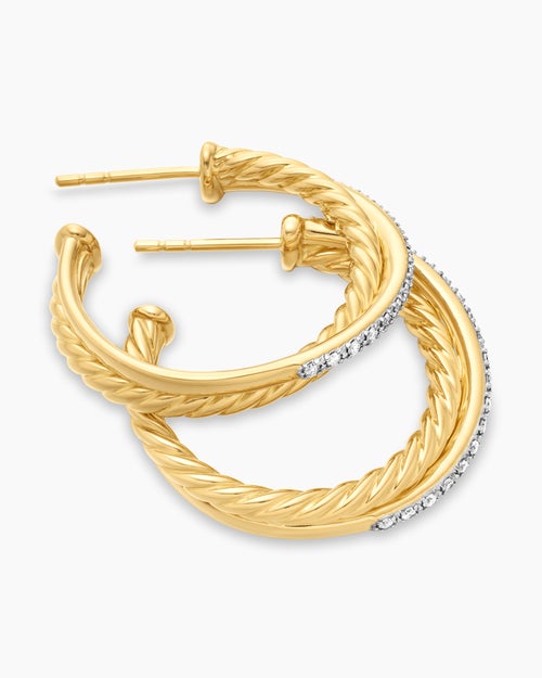 Womens Crossover Hoop Earrings in 18K Yellow Gold with Diamonds, 26.5mm